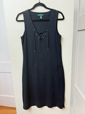 Ralph Lauren M Black Lace-Up V Neck Tank Dress Nautical Casual Beach Resortwear
